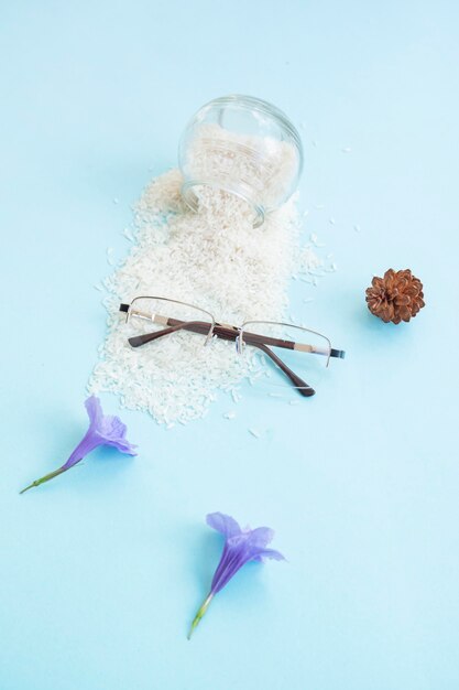 Concept minimaliste. verres carrés demi-monture, feuilles vertes, fleurs de pin sur fond bleu pastel. vue de dessus à plat.