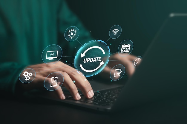 Photo concept de mise à jour du système mettre à niveau la version du logiciel sur l'écran virtuel