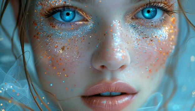 Photo concept de mode moderne extreme portrait en gros plan d'une fille au maquillage brillant avec des yeux étincelants