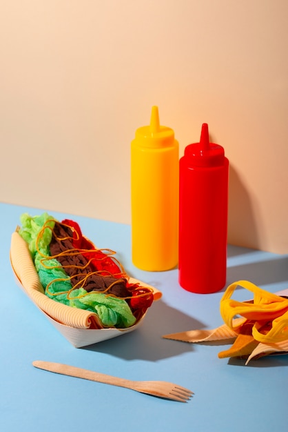 Concept de mode rapide avec des matériaux et textiles déguisés en hot-dog avec ketchup et moutarde