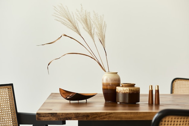 Photo concept moderne d'intérieur de salle à manger avec table en bois, chaises, assiette avec noix, salière et poivrière et fleur séchée dans un vase. mur blanc. detalis.