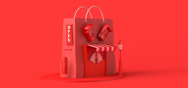 Concept moderne de magasin de boxe ou de salle de sport Espace de copie Illustration 3D Achats en ligne