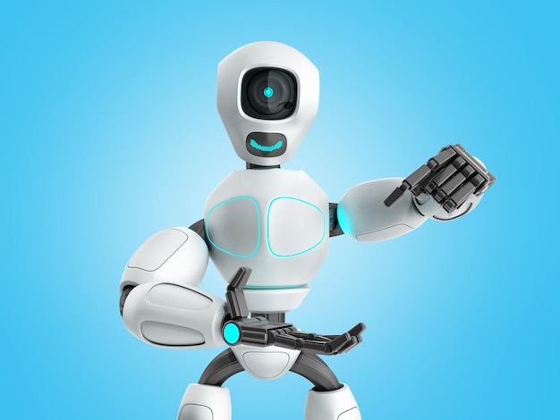 concept moderne de présentation de produit robot prêt à insérer un objet dans la main rendu 3D sur bleu