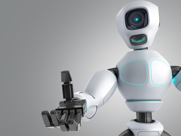 concept moderne de présentation de produit robot prêt à insérer un objet dans la main rendu 3D sur gris
