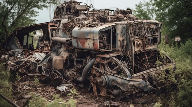 Le concept d'un monde sans guerre Vieux équipements militaires lourds d'époque dans une décharge Véhicules cassés