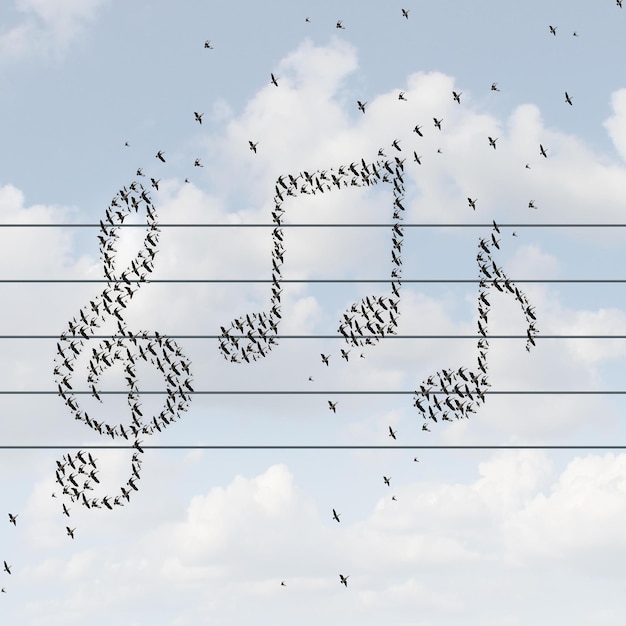 Concept musical et symbole de distribution de médias enregistrés sous forme d'oiseaux volant ensemble en forme de note de musique