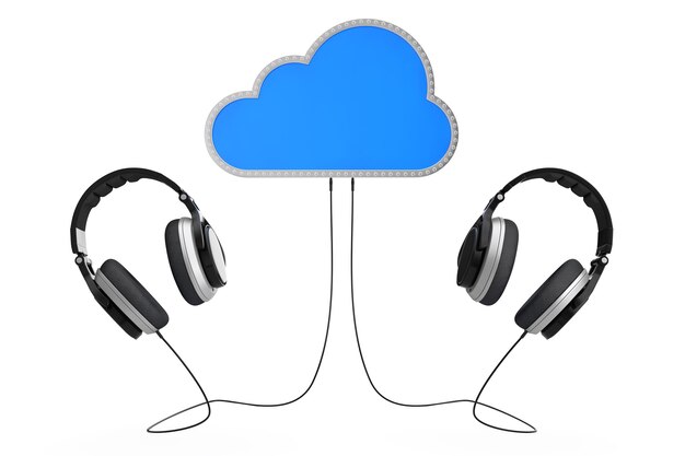 Concept de musique en ligne. Casque connecté au stockage en nuage sur un fond blanc. Rendu 3D