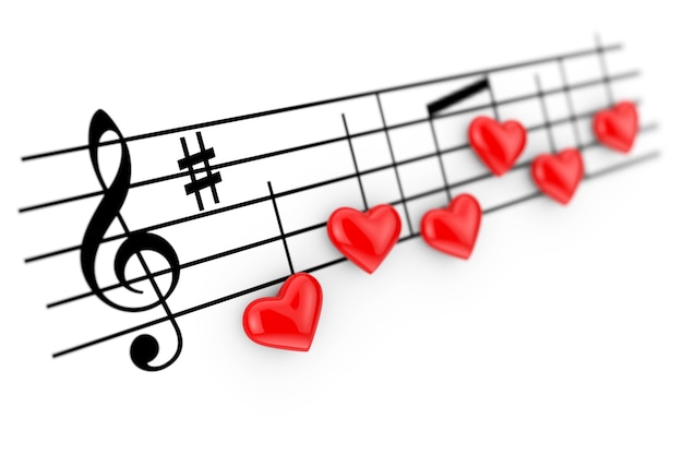 Concept de musique romantique. Notes abstraites comme coeurs rouges sur fond blanc. Rendu 3D