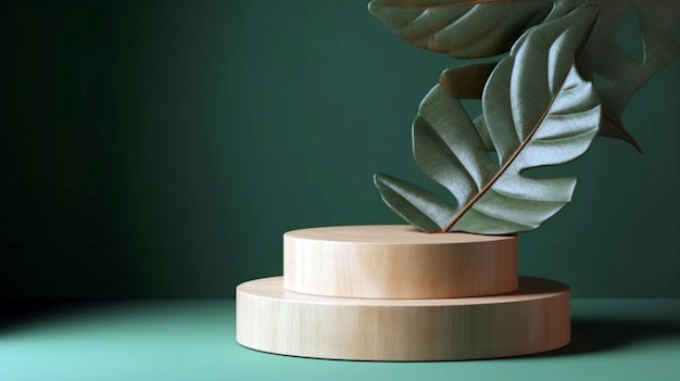 Concept de nature d'affichage de podium en bois minimal avec feuille de palmier sur mur de béton vert IA générative