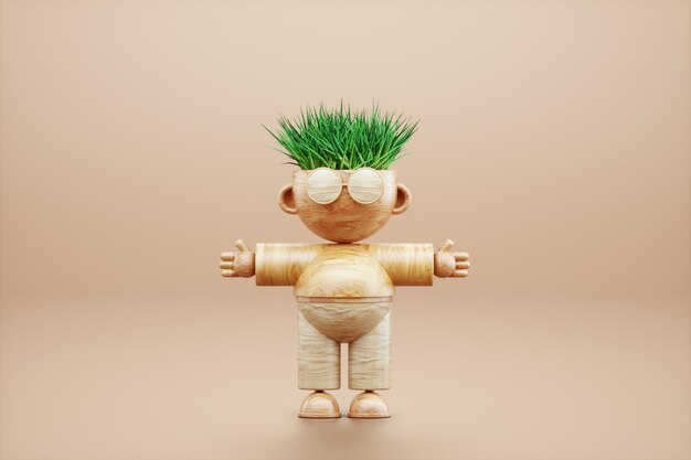 Concept de nature Homme en bois de dessin animé avec de l'herbe au lieu de cheveux Déforestation nature design moderne rendu 3d mise en page d'illustration 3d