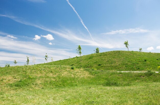 concept nature, saison, pays et paysage - champ vert d'été et collines sur ciel bleu