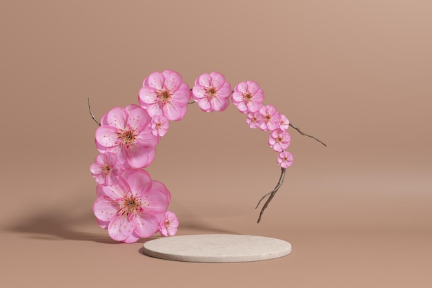 Concept naturel tropical de feuille de podium de vitrine minimale circulaire pour vitrine Fleur rose