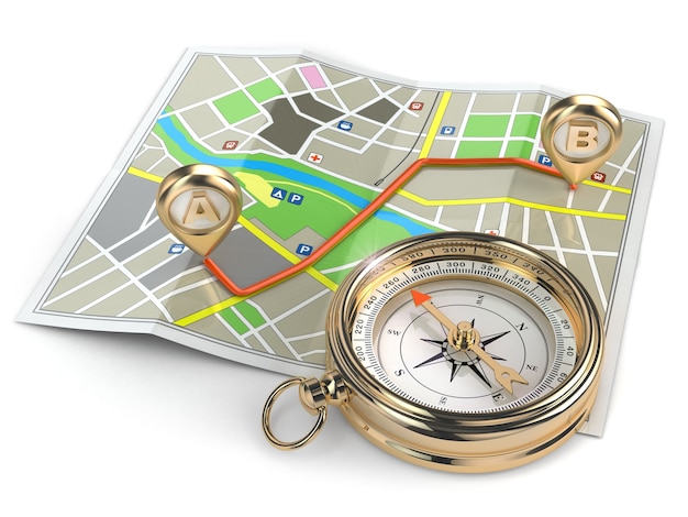 Concept de navigation et gps. Boussole et carte. 3d