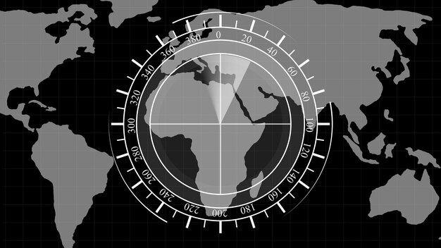 Concept de navigation mondiale avec superposition de boussole sur une carte du monde en monochrome