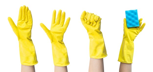 Photo concept de nettoyage, mains dans des gants en caoutchouc jaune dans différents gestes et éponge, photo de bannière de service de nettoyage