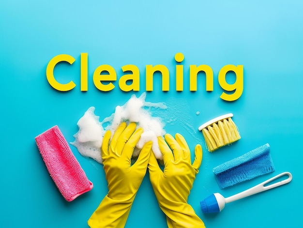Concept de nettoyage de la maison avec des gants en caoutchouc jaune