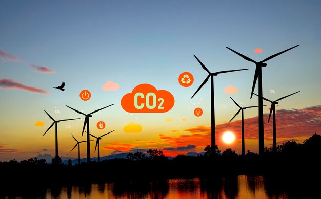 Photo le concept de neutralité carbone et de net zero est l'icône centrale du net vert sur le fond du coucher de soleil.