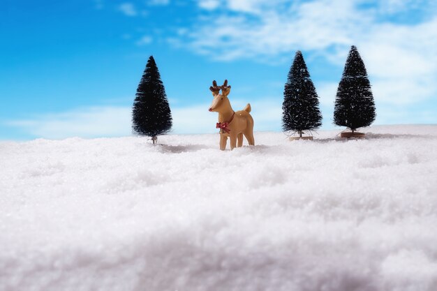 Concept de Noël. Décoration de Noël, cône de pin sur la neige avec fond de ciel. Flou artistique, lumière lente (mise au point sélective).