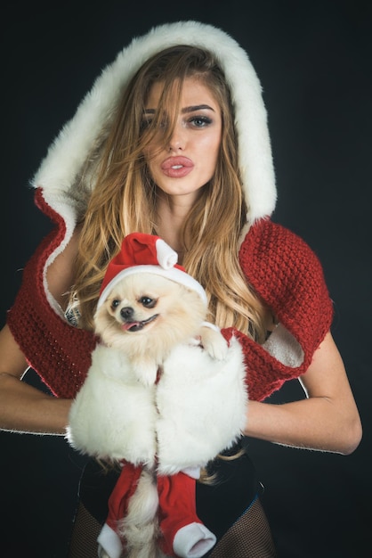 Concept de Noël femme sexy en costume de père Noël tenant mignon petit chien dans les mains fête de Noël