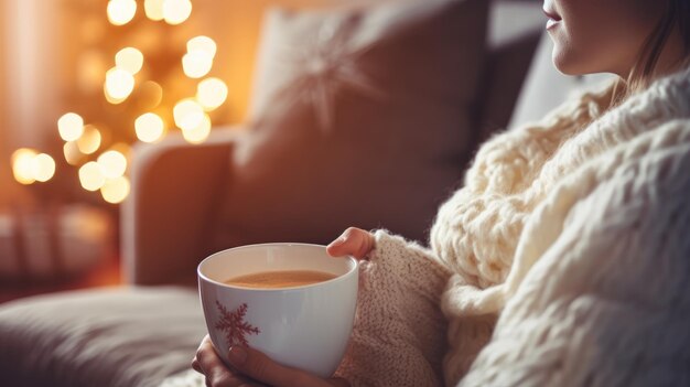 Photo concept de noël une fille sur le fond d'un arbre de noël décoré tient une tasse avec les deux mains