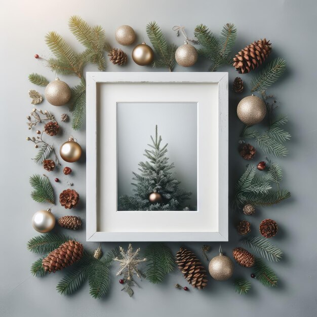 Concept de Noël et de la nouvelle année Modèle de cadre photo avec décorations de Noël Branches d'arbres Ball orna