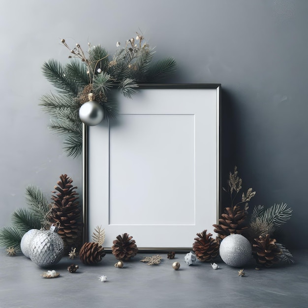 Concept de Noël et de la nouvelle année Modèle de cadre photo avec décorations de Noël Branches d'arbres Ball orna