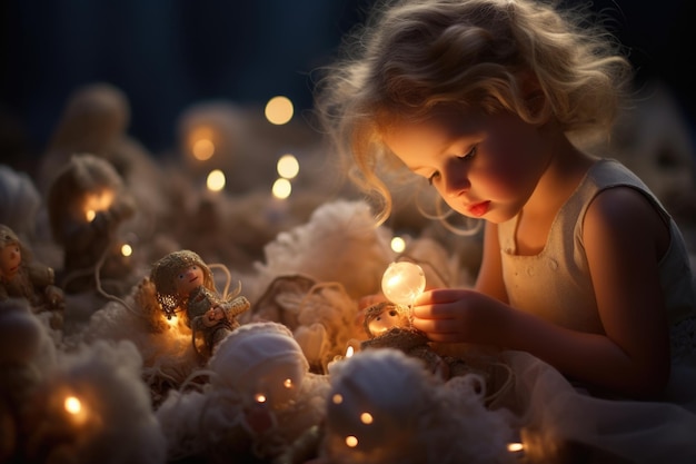 Concept de Noël Petite fille tenant des lumières brillantes dans le décor de Noël