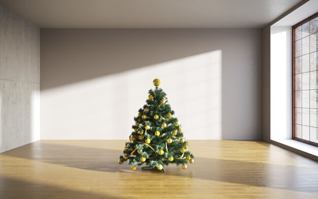 Concept de Noël salle intérieure arbre de Noël salle blanche intérieur avec plancher en bois