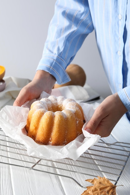 Concept de nourriture d'ambiance d'automne Gâteau à la citrouille