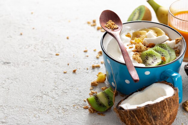 Concept de nourriture probiotique. Bol de yogourt à la noix de coco maison avec granola et fruits frais sur fond clair avec espace de copie. Nourriture végétalienne saine. Petit déjeuner savoureux et sain