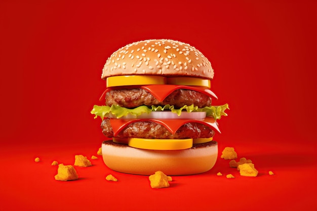Photo concept de nourriture savoureuse avec burger sur fond rouge