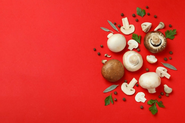 Concept de nourriture savoureuse avec champignon sur fond rouge