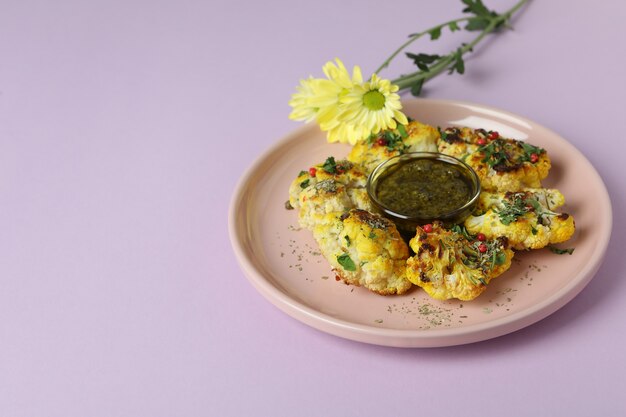 Concept de nourriture savoureuse avec du chou-fleur au four sur fond violet.