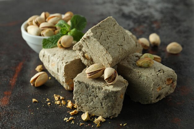 Concept de nourriture savoureuse avec halva sur fond texturé sombre