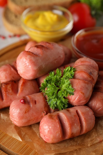 Concept de nourriture savoureuse mini-saucisse grillée en gros plan