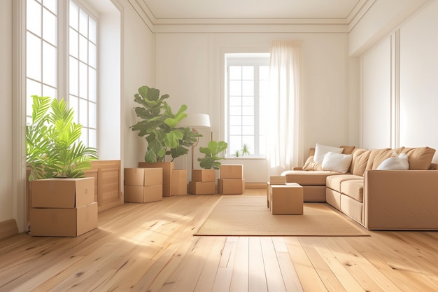 le concept de nouveaux propriétaires avec des boîtes de carton arrivant dans un nouvel appartement