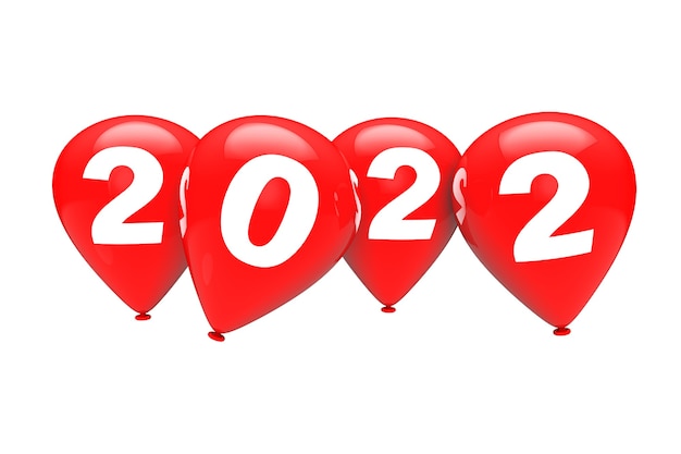 Concept de nouvel an. Ballons de Noël rouges avec signe 2022 sur fond blanc. Rendu 3D