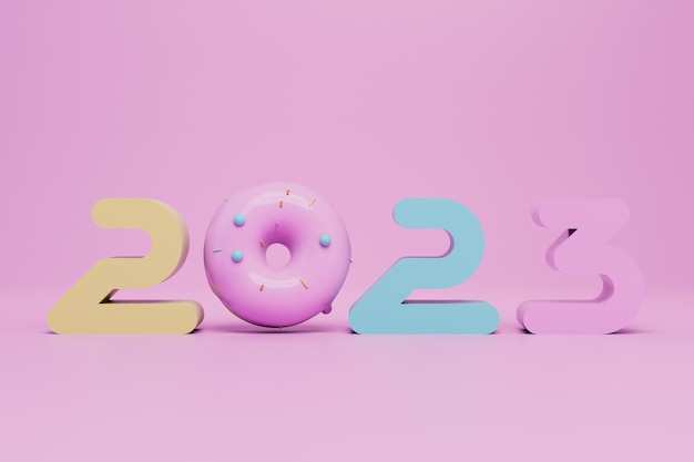 Le concept de la nouvelle année 2023 l'inscription 2023 avec un beignet au lieu de 0 rendu 3D