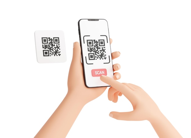 Concept de numérisation de code qr main humaine tenant un téléphone mobile avec processus de numérisation de codes à barres illustration de rendu 3d Smartphone avec application de système électronique numérique de lecteur de matrice