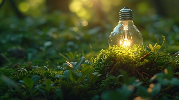 Photo concept d'obtenir des idées qui sont respectueuses de l'environnement ampoule couverte d'herbe