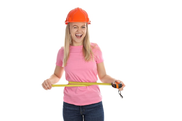 Concept d'occupation jeune femme constructeur isolé sur fond blanc