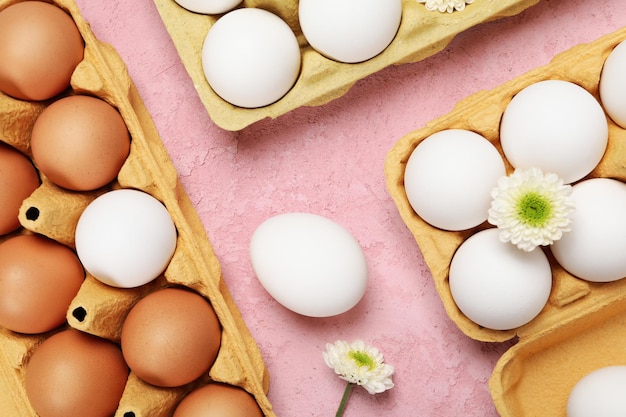 Concept d'oeufs de printemps avec vue de dessus de fleurs