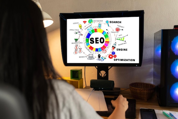 Concept d'optimisation des moteurs de recherche SEO avec ordinateur de bureau classant le trafic sur la technologie Internet du site Web pour l'entreprise