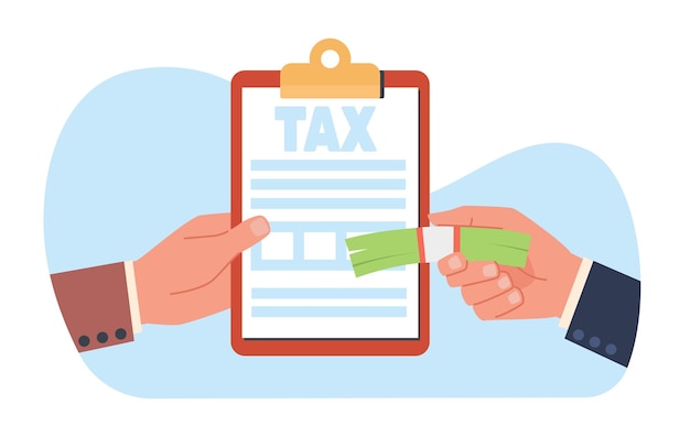 Concept de paiement et de déclaration d'impôts Une main tend une déclaration d'imposition remplie Une autre main tend de l'argent Déclaration et argent liquide Paye un pourcentage du revenu Illustration de vecteur plat de dessin animé