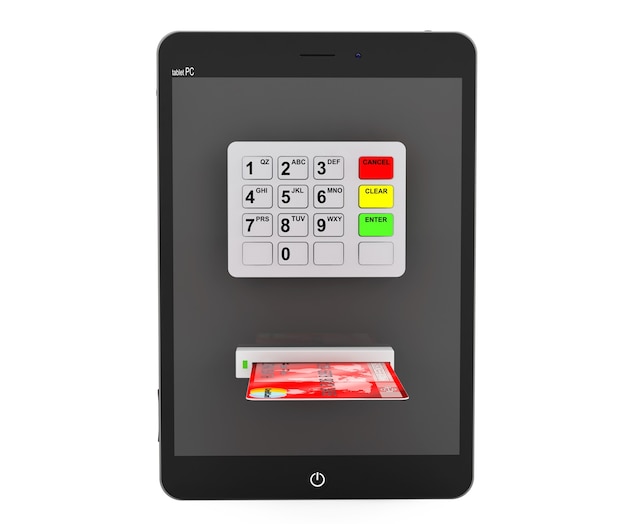 Concept de paiement en ligne. Tablet PC avec guichet automatique et carte de crédit sur fond blanc