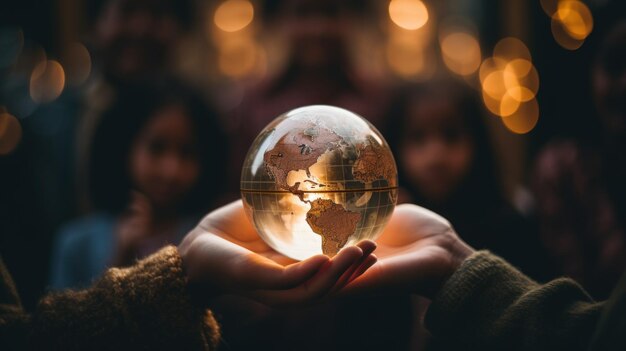 Concept de paix mondiale avec des gens tenant un globe dans leurs mains ai