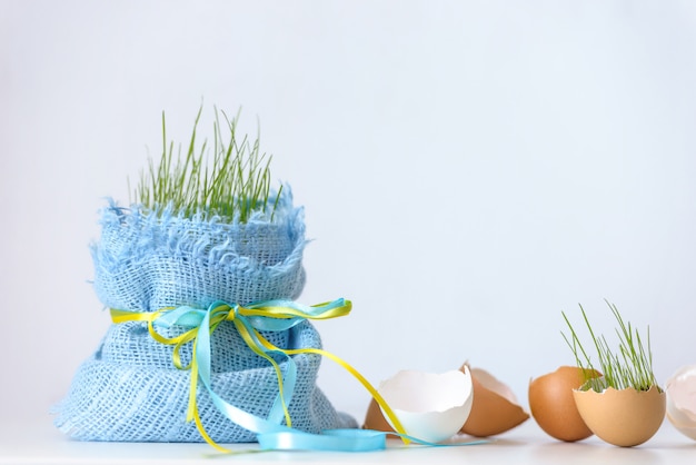 Concept de Pâques: coquille d'oeufs et jeune herbe