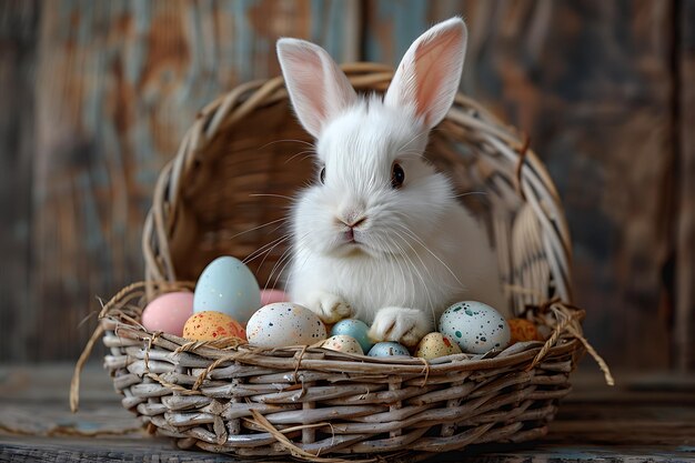 concept de Pâques un lapin de Pâque blanc et moelleux assis dans un panier avec des œufs colorés