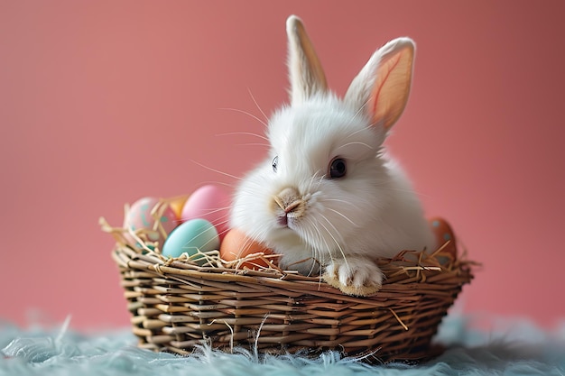 Photo concept de pâques un lapin de pâque blanc et moelleux assis dans un panier avec des œufs colorés