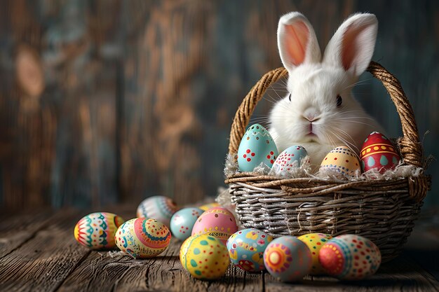 concept de Pâques un lapin de Pâque blanc et moelleux assis dans un panier avec des œufs colorés